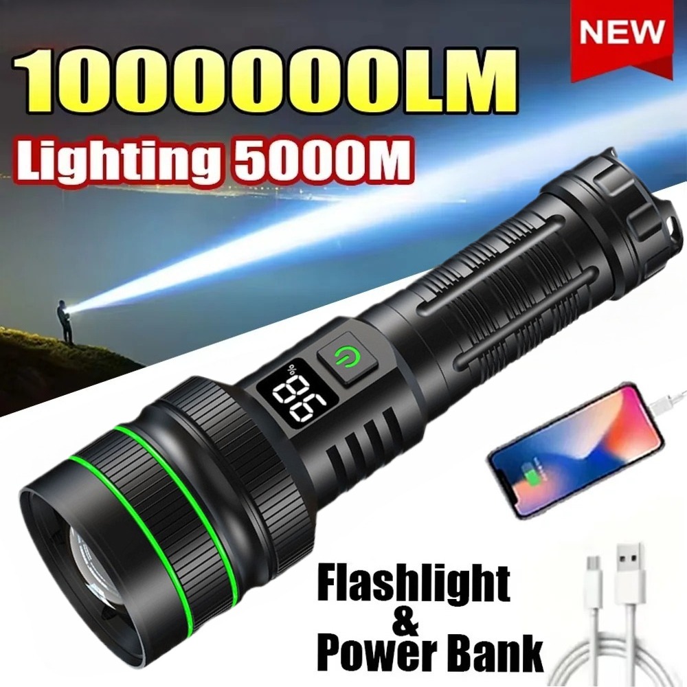 Outdoor Power Lights - Powerful LED Flashlight Zoomable Type-C Rechargeable